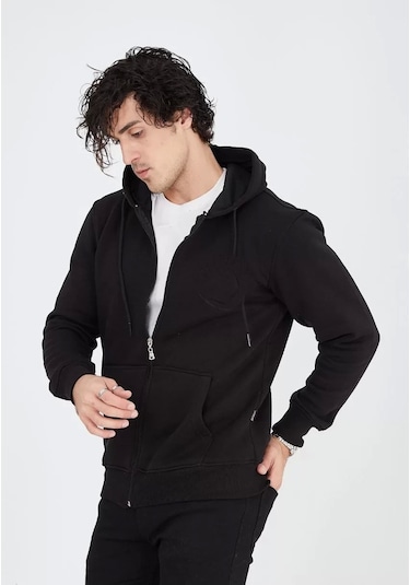 Unisex Tam Fermuarlı Kapşonlu Sweatshirt - Siyah Siyah