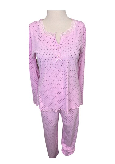 Büyük Beden Battal Pijama Takımı Desenli Uzun Kol V Yaka Kışlık Kumaş Pembe