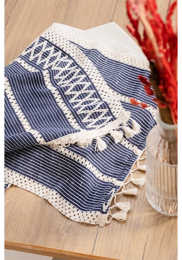 Vivamaison Pamuk Dantel Runner Masa Örtüsü 35 x 145 Lacivert