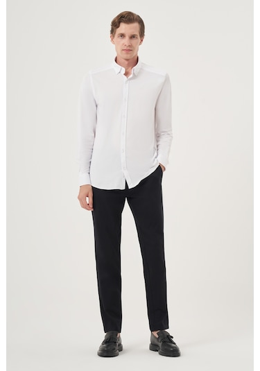 Morven Erkek Beyaz Örme Slim Fit Düğmeli Yaka Gömlek 25ms004024600 Beyaz Beyaz