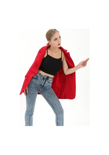 Düşük Omuz Kemerli Atlas Kumaş Blazer Ceket - Kırmızı-kırmızı Kırmızı