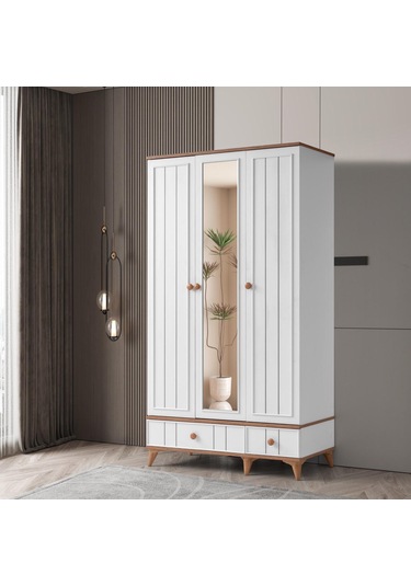 Beenal Sıla 3 Kapaklı Gardırop Çekmeceli Dolap 115cm. Beyaz-A.Çam
