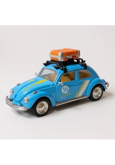 Klasik Işıklı Sesli Metal Araba - Mavi Valizli Retro Beetle - 15 Cm Çok Renkli