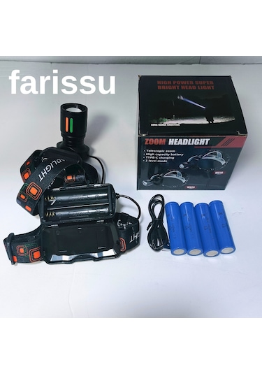 25-30w 6800mah Zoomlu Kafa Feneri 1000 Lümen, 1 Km Menzil, 4 Adet 18650 Pil Yedek Pilli Siyah