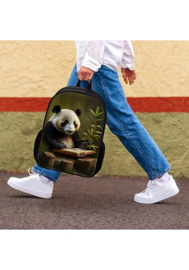 Okul Çocukları İçin Hayvan Desenli Sırt Çantaları Erkek Kız Çocukları İçin Sırt Çantası Cepli Panda Bambu Siyah