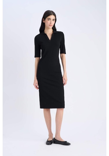 DeFacto Bodycon Vücudu Saran Polo Yaka Fitilli Kaşkorse Kısa Kollu Midi Elbise E6806AX25SPBK27