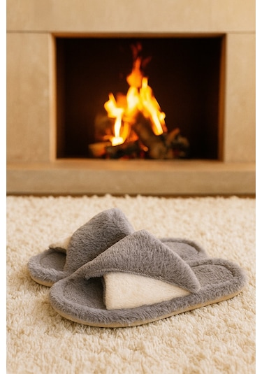 Softıe Çapraz Kadın Ev Terliği Kışlık Terlik Sessiz Taban Gri