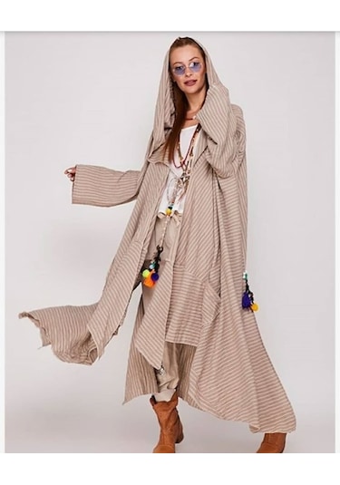 Etnik Tasarım Cadı Kapşonlu Keten Kaftan-Standart Krem