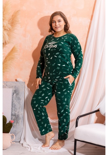 Nisanca Büyük Beden Peluş Polar Pijama Takımı- Kışlık Büyük Beden Kadın Pijama Haki