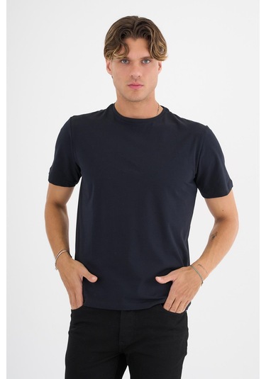 Erkek Lacivert %100 Pamuklu Standart Kalıp Likralı Basic T-shirt Siyah