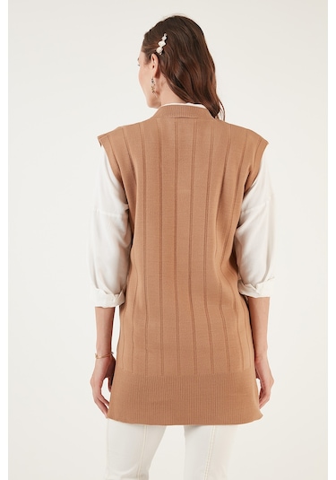 Lela V Yaka Uzun Triko Bayan Süveter 4616088 Camel