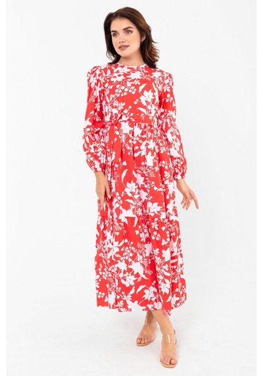Yaprak Desenli Renkli Pamuklu Yazlık Baharlık Kuşaklı Elbise 2101 Kırmızı