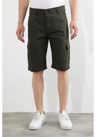 Erkek Lacivert Renk Kargo Yandan Cepli Esnek Kumaş Slim Fit Kapri Şort Haki