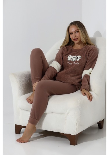 Fawn 5024 Peluş Welsoft Polar Kışlık Yumoş Kadın Pijama Takımı Vizon