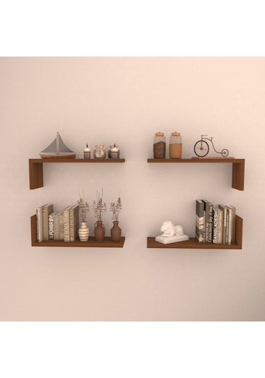 Rafkestir 4 Lü L Raf Set ( 45 Cm ) Hareli Ceviz (Mat)