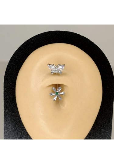 Aya Tasarım Gümüş Renk Kelebek Ve Çiçek Model Göbek Piercing Gümüş