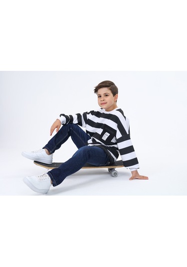 Toontoy Erkek Çocuk Çizgili Sweatshirt Beyaz