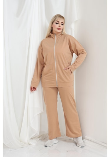 Kadın Büyük Beden Fermuarlı Uzun Kollu Rahat Günlük Eşofman Takım Camel