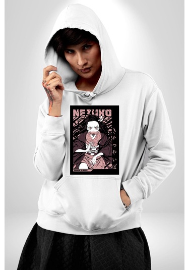 Nezuko Demon Slayer Kadın Erkek Beyaz Kapüşonlu Sweatshirt Hoodie Beyaz