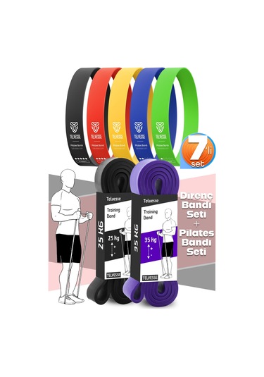 7li Mega Set 25+35 Kg + 5li Pilates Direnç Bandı Barfiks Lastiği Loop Band Mix Ton Çok Renkli