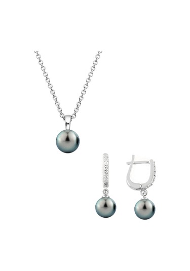 Gümüş Yuvarlak Model Kolye Küpe Siyah Inci Set 8 Mm