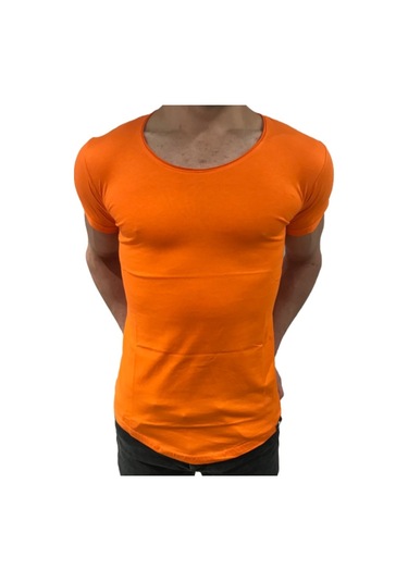 Bybülent Oval Yaka Açık Yaka Erkek Tişört Likralı Slim Fit