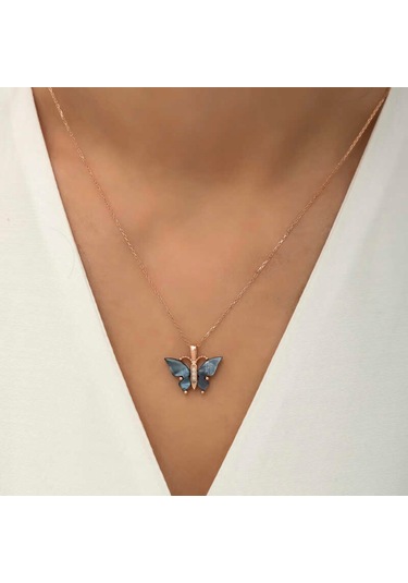 Gümüş Antrasit Kaplangözü Taşlı Kelebek Kolye (523461840)