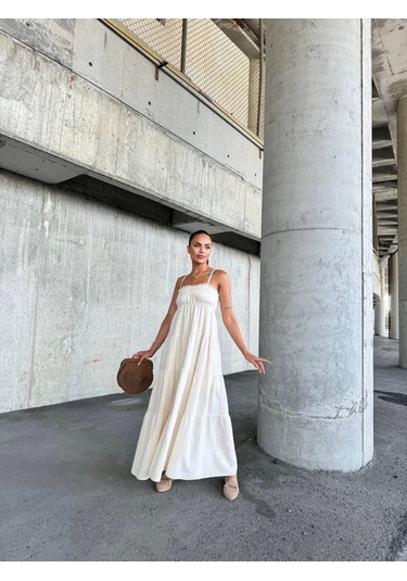 Dantelli Askılı Keten Elbise S4310 Bej