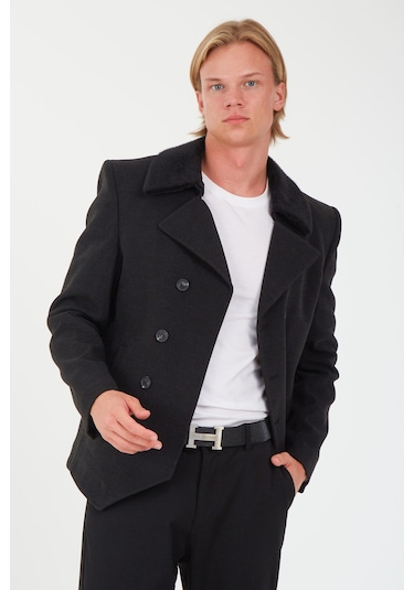 Sposo 1702 Yaka Çıkmalı Kruvaze Yünlü Kaşe Füme Erkek Kısa Kaban Füme