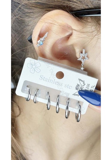 Çoklu Küpe, Halka Model, Paslanmaz Çelik Küpe 206, Gümüş Renk Gümüş