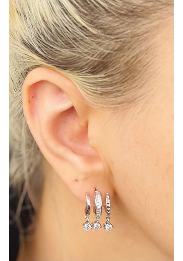 Zirkon Taşlı Yarım Halka Model Çelik Küpe Gümüş