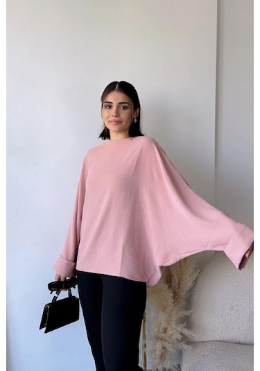 Kadın Pudra Airobin Yarasa Duble Kol Salaş Bluz Ekstra Oversize Yuvarlak Yaka - Tesettüre Uygun Pudra