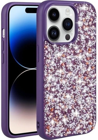 Apple Uyumlu iPhone 14 Pro Max Kılıf Parlak Taşlı Tasarım Zore Linea Kapak Derin Mor