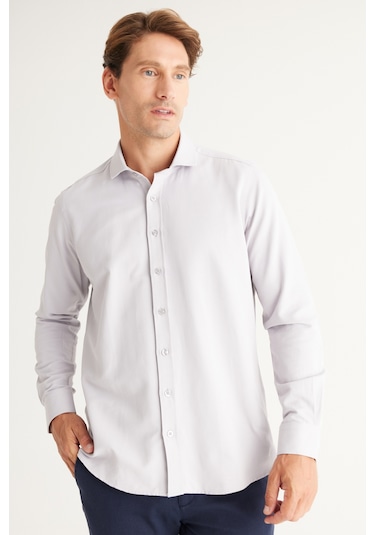 AC&Co / Altınyıldız Classics Erkek GRI Kolay Ütülenebilir Slim Fit Dar Kesim İtalyan Yaka Armürlü Gömlek Gri
