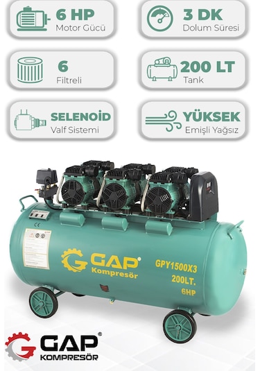 Hava Kompresörü Yüksek Emişli Yağsız Teknoloji 200 lt GPY1500x3/200