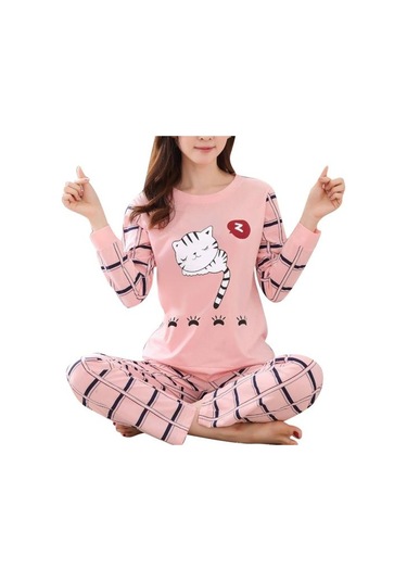 Kadın Pijama Setleri Sonbahar Kış Uzun Kollu Ince Karikatür Baskı Sevimli Gevşek Pijama Takım Elbise Pembe