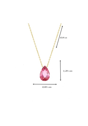 Moom Mücevherat Kadın Damla Taşlı Pembe Renkli Kolye 14 Ayar Altı