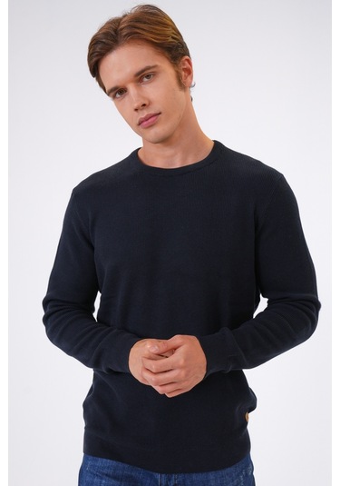 Siyah Regular Fit Jakarlı Pamuklu Bisiklet Yaka Triko-lacivert Lacivert