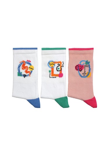 Kadın Çok Renkli Pamuklu Desenli Soket Çorap 3'lü Paket Çok Renkli