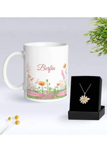 Bk Gift Kişiye Özel İsimli Çiçek Tasarımlı Beyaz Kupa Ve Papatya Kolye Hediye Seti - 14, Sevgiliye Hediye, Anneye Hediye, Arkadaşa Hediye Kobitmeyenco