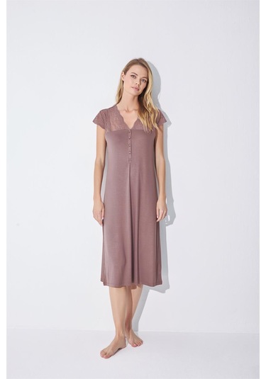 Monamise Kadın Yakası Kolu Ve Omzu Brode Dantelli Önü Düğmeli Gecelik 18511-kahve Kahverengi