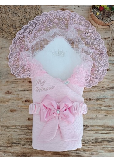 Dantelli Kız Bebek Battaniyesi Mevlütlük Hastane Çıkışı Yenidoğan %100 Pamuklu Organik Uyku Kundağı Pembe
