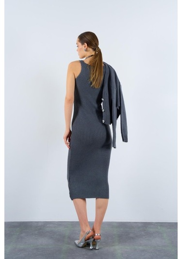 Fitilli Elbise Hırkalı Takım - Füme Çok Renkli