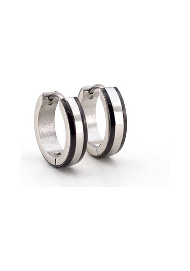 Gümüş Renk Şeritli Siyah Renk Paslanmaz Çelik Erkek Küpe E586 Gümüş