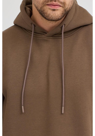 Erkek Kahverengi Standart Fit Normal Kesim Içi Polarlı 3 Iplik Kapüşonlu Pamuklu Sweatshirt Kahverengi