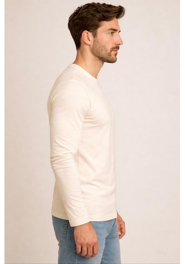 Axxel Erkek Açık Krem Pamuklu Likralı Süprem Uzun Kollu T-shirt-d240 Açık Krem