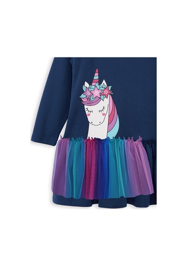 Denokids Tüllü Unicorn Kız Çocuk Lacivert Elbise Renkli