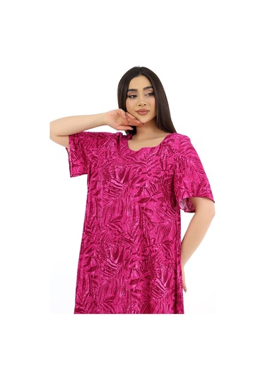 Schık Kadın Viskon Yarım Kol Kare Yaka Elbise Magenta Fuşya