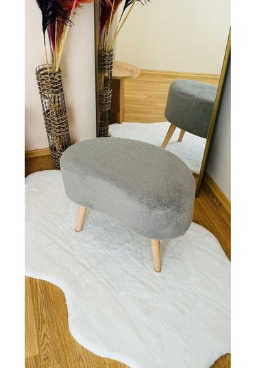 Fasulye Model Ahşap Ayaklı Teddy Kumaş Dekoratif Puf Bench Gri