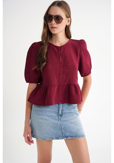 4713 Kadın Beli Büzgülü Kolu Lastikli Bol Müslin Bluz Bordo Bordo
